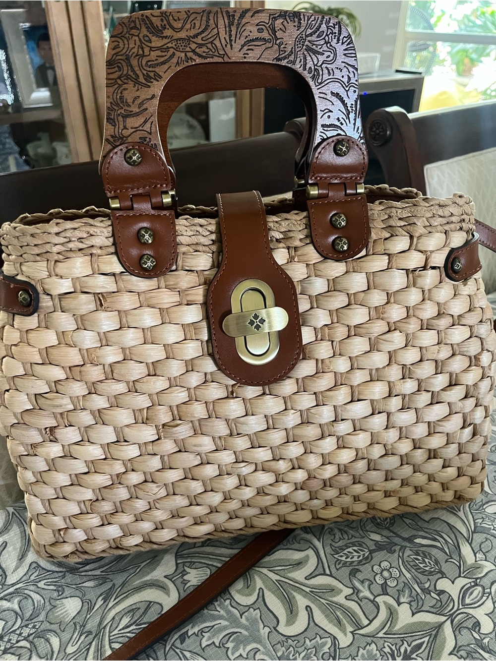 Patricia Nash Tan Leather-Trimmed Woven Tote “Sancia”